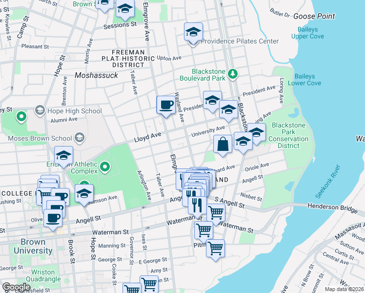 map of restaurants, bars, coffee shops, grocery stores, and more near 95 University Avenue in Providence