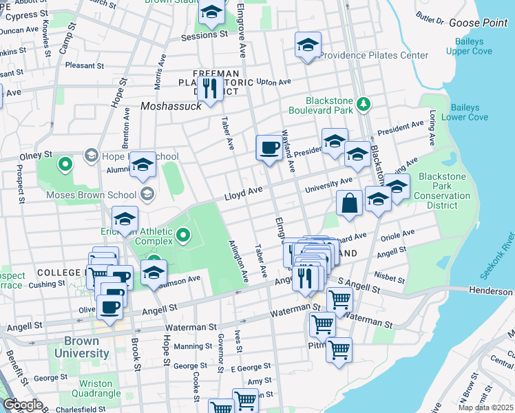 map of restaurants, bars, coffee shops, grocery stores, and more near 67 University Avenue in Providence