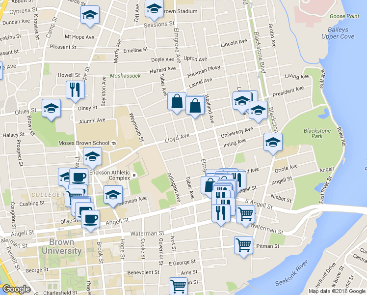 map of restaurants, bars, coffee shops, grocery stores, and more near 126 Taber Avenue in Providence