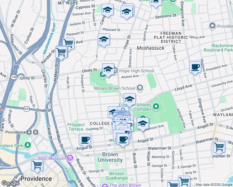 map of restaurants, bars, coffee shops, grocery stores, and more near in Providence