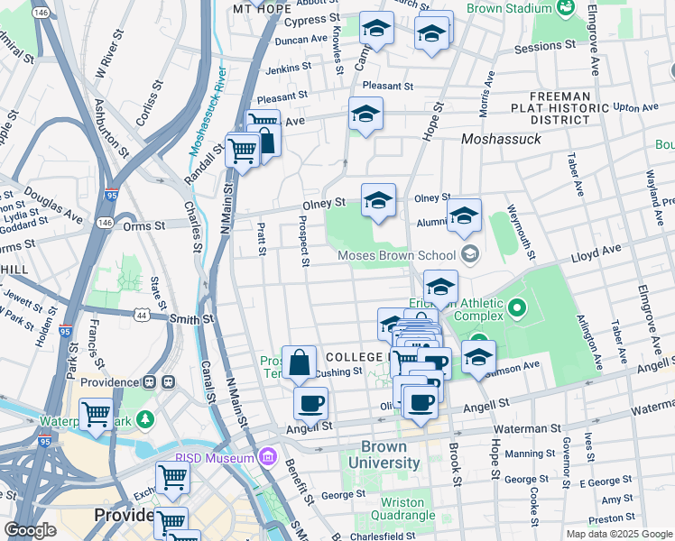 map of restaurants, bars, coffee shops, grocery stores, and more near 222 Brown Street in Providence