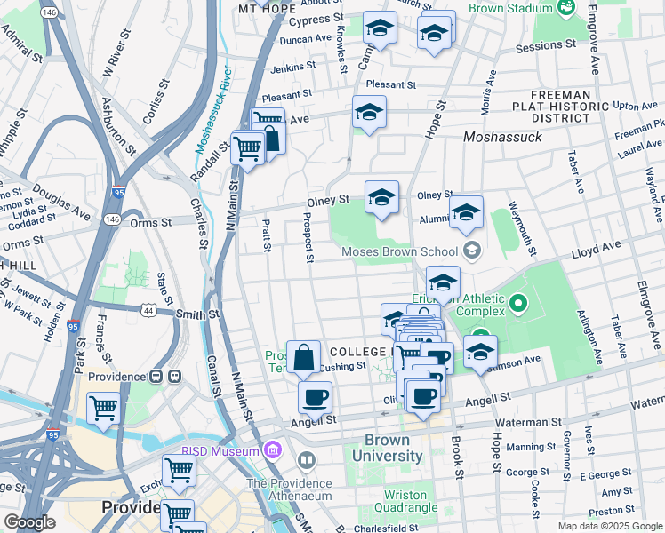 map of restaurants, bars, coffee shops, grocery stores, and more near 222 Brown Street in Providence