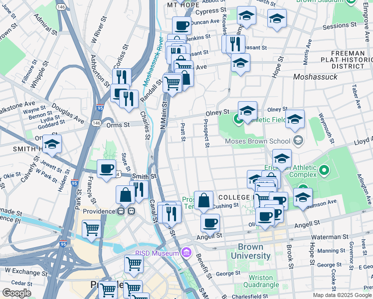 map of restaurants, bars, coffee shops, grocery stores, and more near 153 Congdon Street in Providence