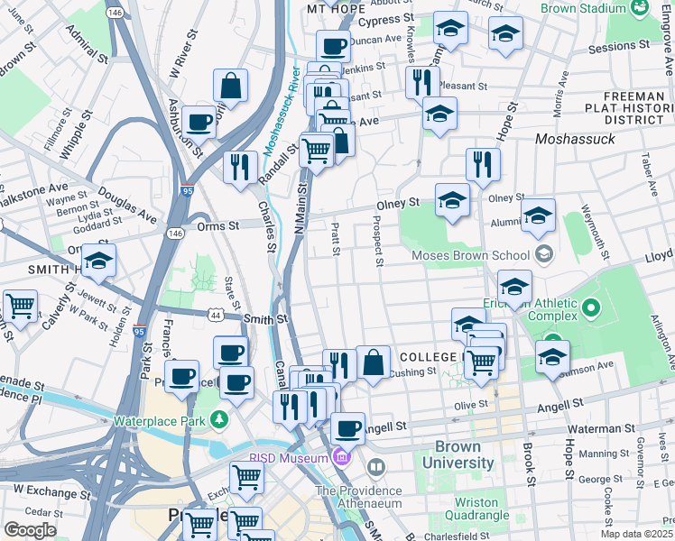 map of restaurants, bars, coffee shops, grocery stores, and more near 17 Halsey Street in Providence