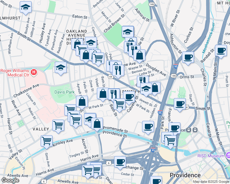 map of restaurants, bars, coffee shops, grocery stores, and more near 347 Orms Street in Providence