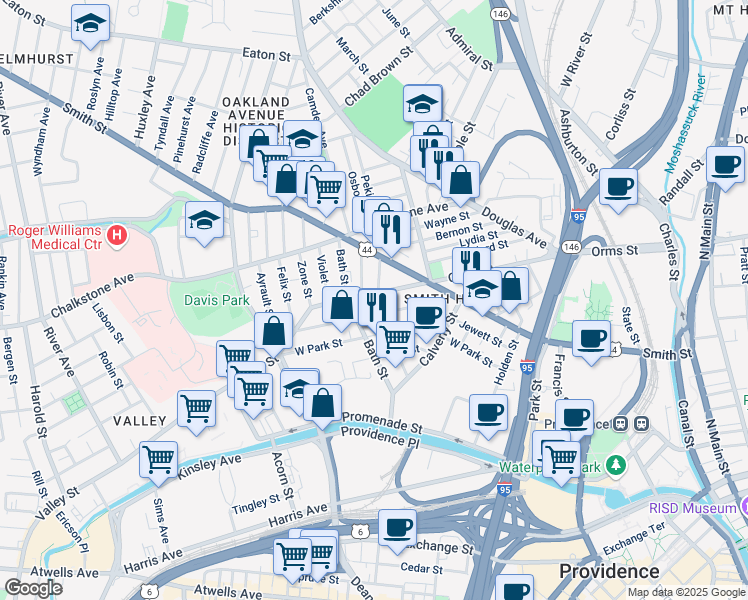map of restaurants, bars, coffee shops, grocery stores, and more near 347 Orms Street in Providence