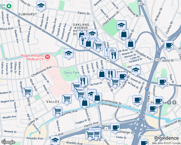 map of restaurants, bars, coffee shops, grocery stores, and more near 17 Zone Street in Providence
