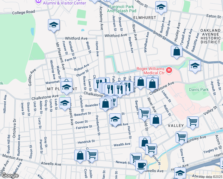 map of restaurants, bars, coffee shops, grocery stores, and more near 36A Fallon Avenue in Providence