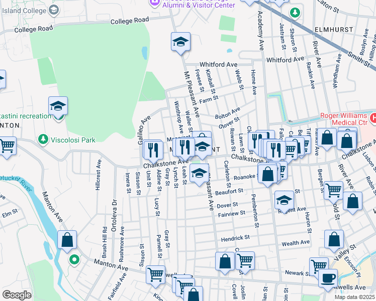 map of restaurants, bars, coffee shops, grocery stores, and more near 32 Waller Street in Providence