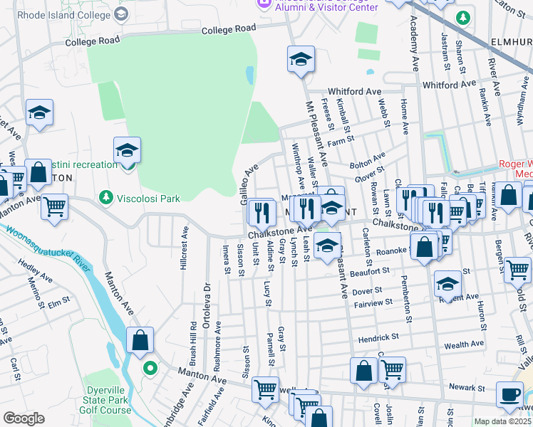 map of restaurants, bars, coffee shops, grocery stores, and more near 90 Manomet Street in Providence
