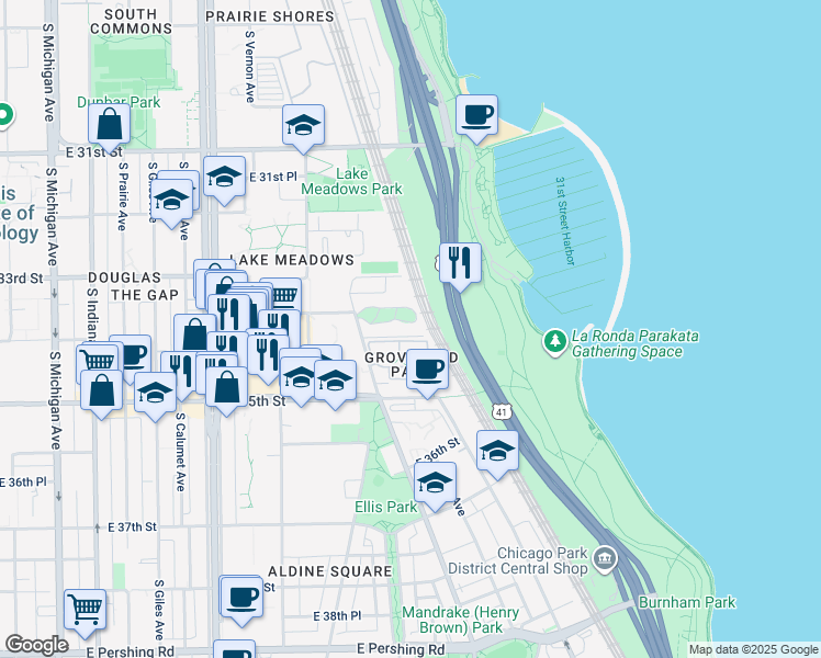 map of restaurants, bars, coffee shops, grocery stores, and more near 661 East Groveland Park in Chicago