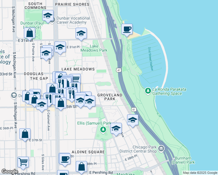 map of restaurants, bars, coffee shops, grocery stores, and more near 661 East Groveland Park in Chicago