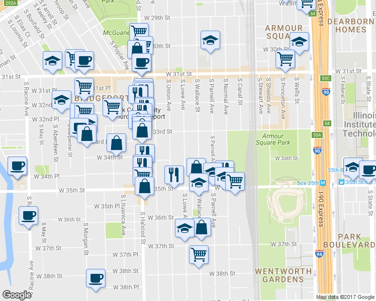 map of restaurants, bars, coffee shops, grocery stores, and more near 3335 South Lowe Avenue in Chicago