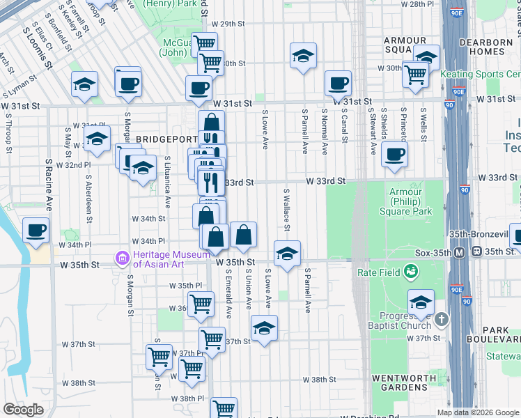 map of restaurants, bars, coffee shops, grocery stores, and more near 3331 South Union Avenue in Chicago