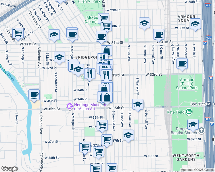 map of restaurants, bars, coffee shops, grocery stores, and more near 3344 South Halsted Street in Chicago