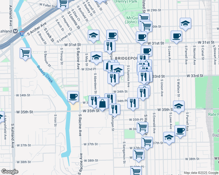 map of restaurants, bars, coffee shops, grocery stores, and more near 3343 South Morgan Street in Chicago