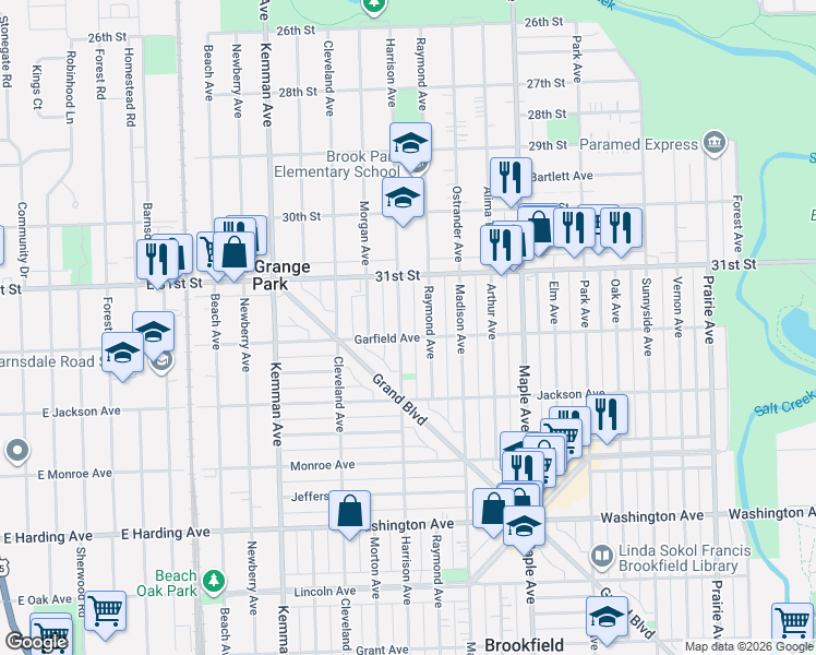 map of restaurants, bars, coffee shops, grocery stores, and more near 3135 Harrison Avenue in Brookfield