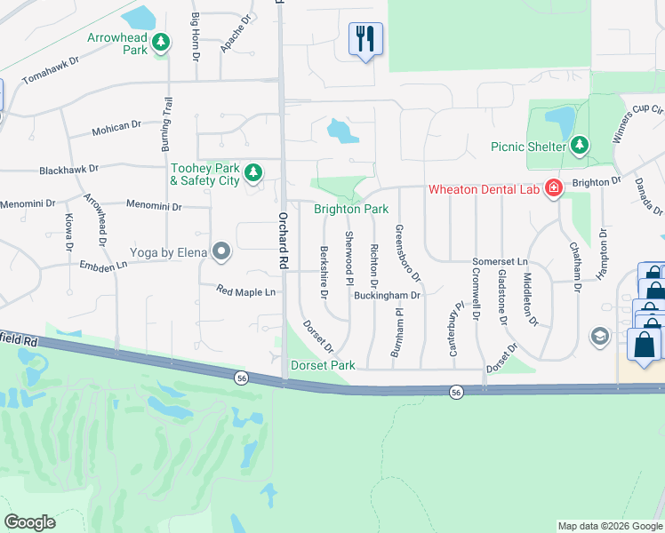 map of restaurants, bars, coffee shops, grocery stores, and more near 1947 Berkshire Drive in Wheaton