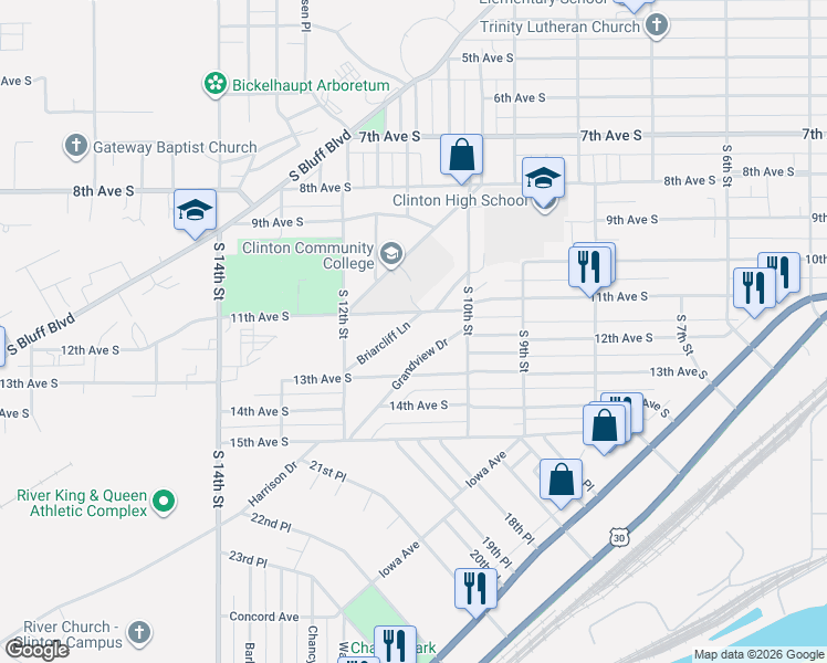 map of restaurants, bars, coffee shops, grocery stores, and more near 1100-1128 Briarcliff Lane in Clinton