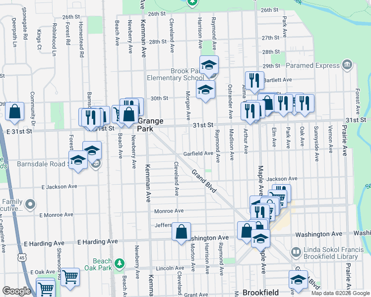map of restaurants, bars, coffee shops, grocery stores, and more near 3128 Morton Avenue in Brookfield