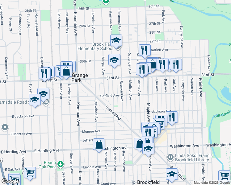 map of restaurants, bars, coffee shops, grocery stores, and more near 3135 Harrison Avenue in Brookfield