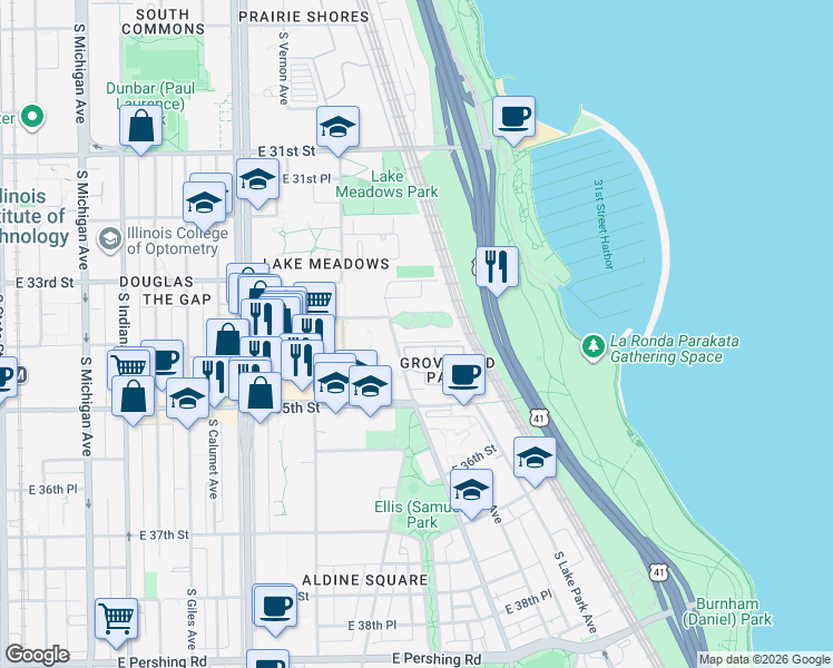 map of restaurants, bars, coffee shops, grocery stores, and more near 625 East Groveland Park in Chicago