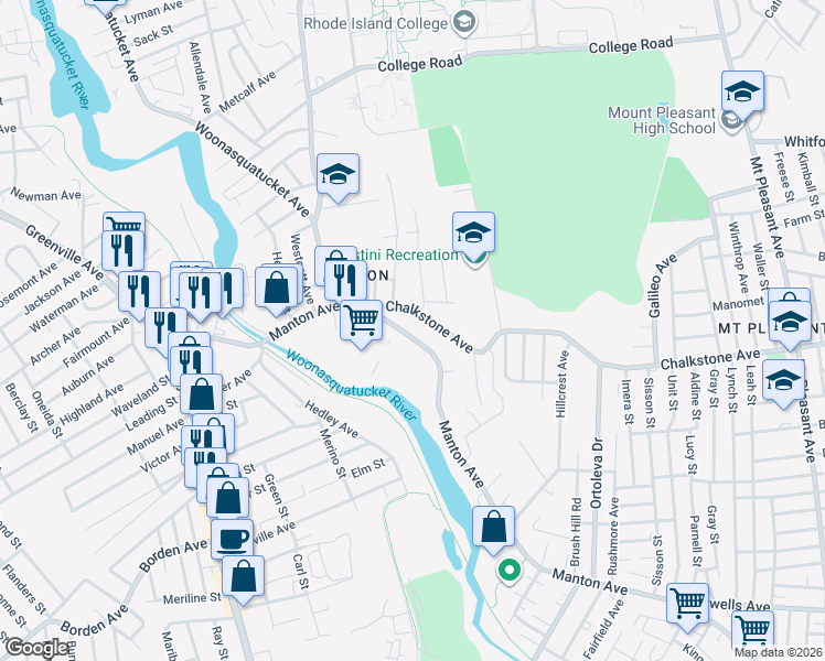 map of restaurants, bars, coffee shops, grocery stores, and more near 1688 Chalkstone Avenue in Providence