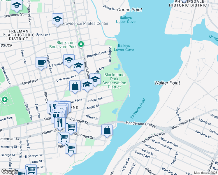 map of restaurants, bars, coffee shops, grocery stores, and more near 88 East Orchard Avenue in Providence