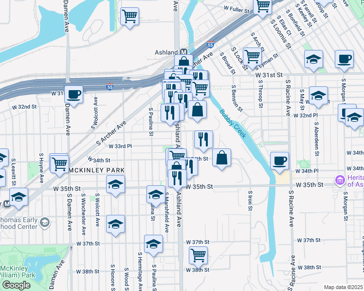 map of restaurants, bars, coffee shops, grocery stores, and more near 3331 South Ashland Avenue in Chicago