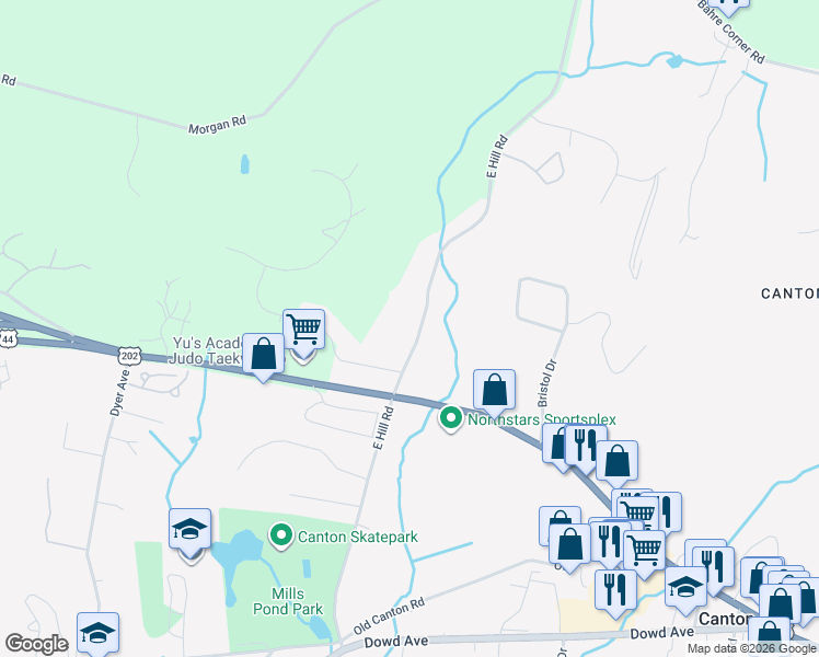 map of restaurants, bars, coffee shops, grocery stores, and more near 73 East Hill Road in Canton
