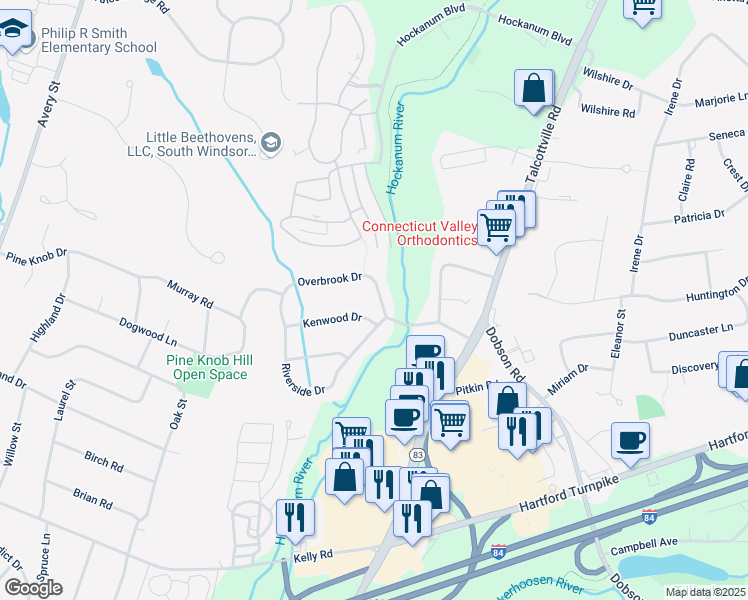 map of restaurants, bars, coffee shops, grocery stores, and more near 30 Overbrook Drive in Vernon