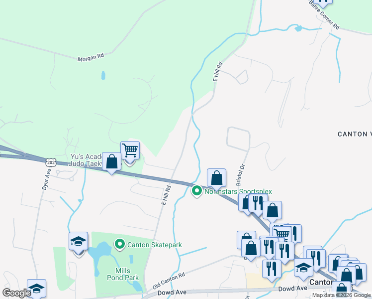 map of restaurants, bars, coffee shops, grocery stores, and more near 73 East Hill Road in Canton