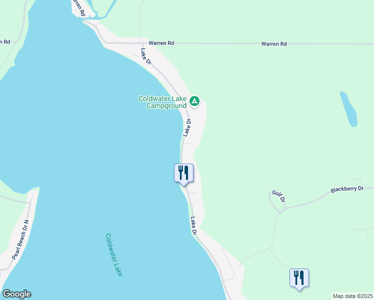 map of restaurants, bars, coffee shops, grocery stores, and more near 599 Lake Drive in Coldwater