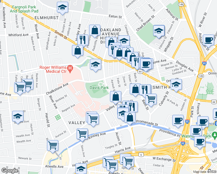 map of restaurants, bars, coffee shops, grocery stores, and more near 75 Raymond Street in Providence
