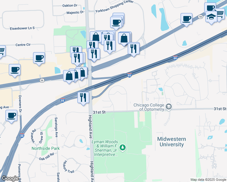 map of restaurants, bars, coffee shops, grocery stores, and more near 3005 Highland Parkway in Downers Grove