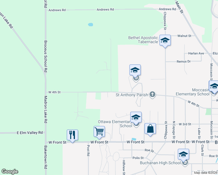 map of restaurants, bars, coffee shops, grocery stores, and more near 15774 Townline Road in Buchanan