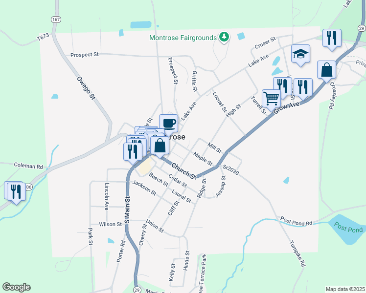 map of restaurants, bars, coffee shops, grocery stores, and more near Maple Street in Montrose
