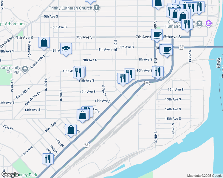 map of restaurants, bars, coffee shops, grocery stores, and more near 618 12th Avenue South in Clinton