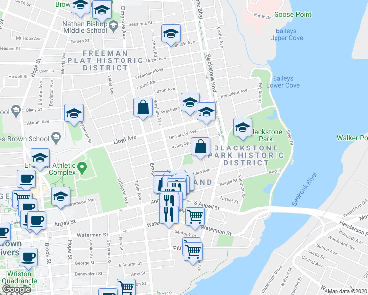map of restaurants, bars, coffee shops, grocery stores, and more near 118 Irving Avenue in Providence
