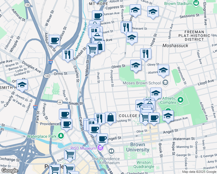 map of restaurants, bars, coffee shops, grocery stores, and more near 153 Congdon Street in Providence