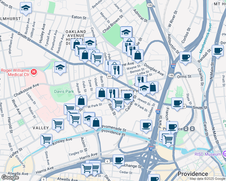 map of restaurants, bars, coffee shops, grocery stores, and more near 347 Orms Street in Providence