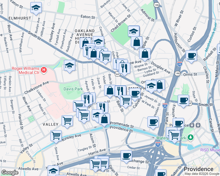 map of restaurants, bars, coffee shops, grocery stores, and more near 119 Bath Street in Providence