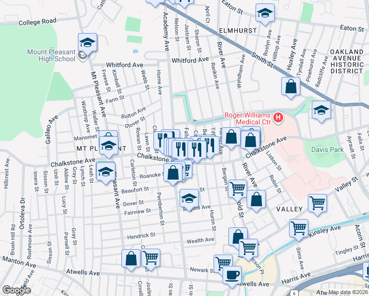 map of restaurants, bars, coffee shops, grocery stores, and more near 36A Fallon Avenue in Providence