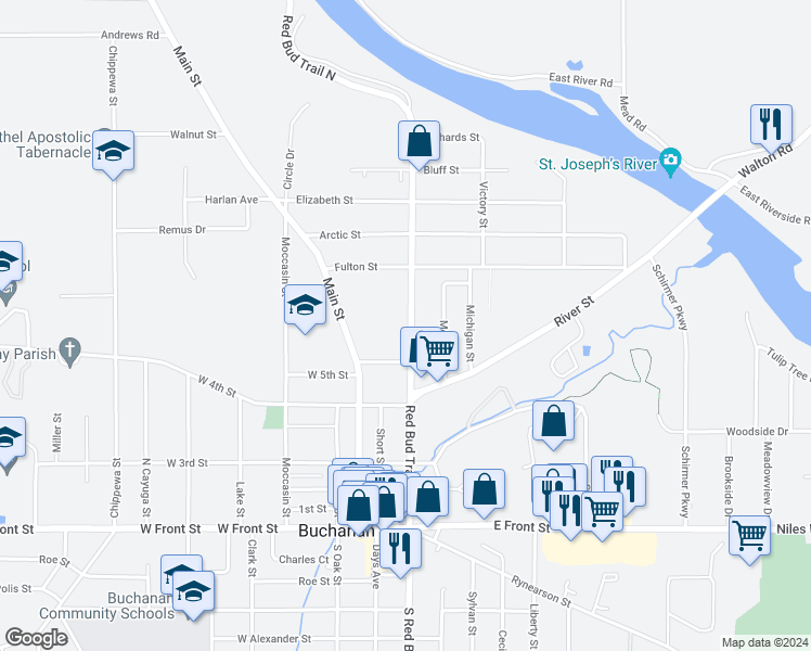 map of restaurants, bars, coffee shops, grocery stores, and more near 512 Red Bud Trail North in Buchanan