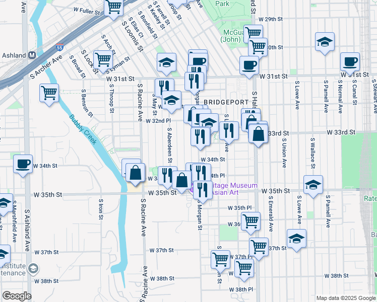 map of restaurants, bars, coffee shops, grocery stores, and more near 3326 South Carpenter Street in Chicago