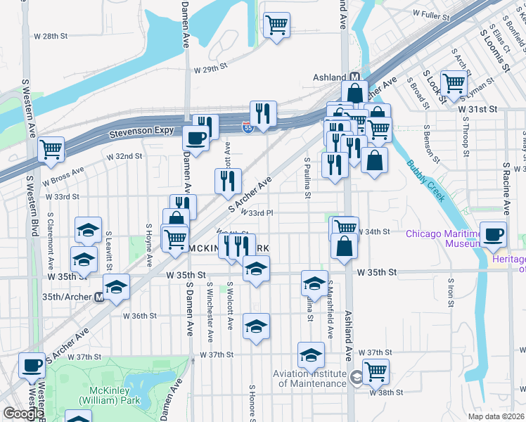 map of restaurants, bars, coffee shops, grocery stores, and more near 3316 South Wood Street in Chicago