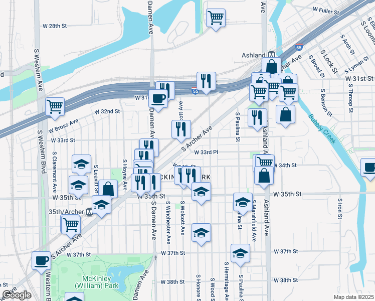 map of restaurants, bars, coffee shops, grocery stores, and more near 3321 South Archer Avenue in Chicago