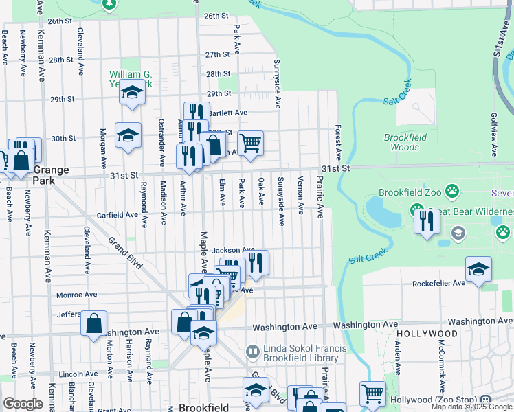 map of restaurants, bars, coffee shops, grocery stores, and more near 3135 Park Avenue in Brookfield