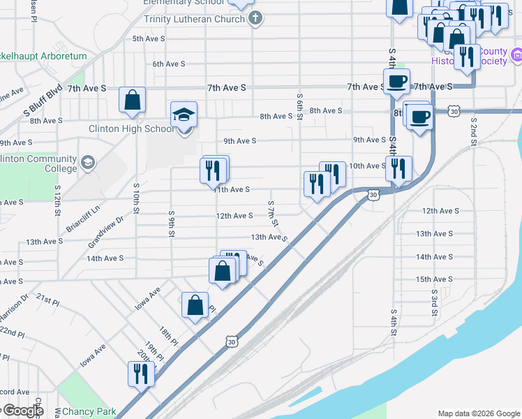 map of restaurants, bars, coffee shops, grocery stores, and more near 1160 South 7th Street in Clinton