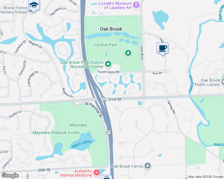 map of restaurants, bars, coffee shops, grocery stores, and more near 51 Forest Gate Circle in Oak Brook